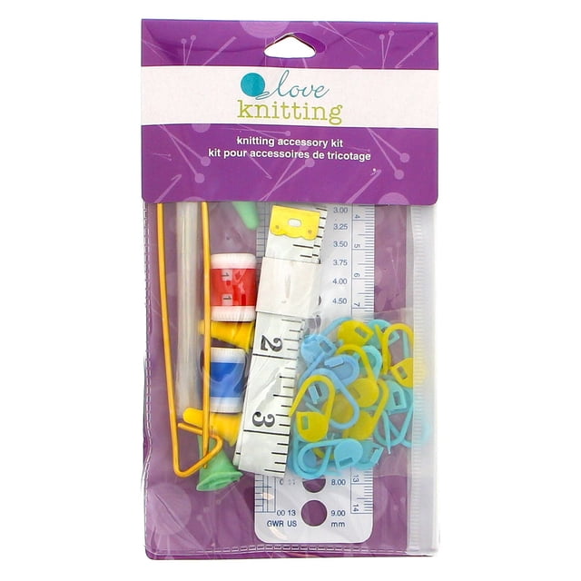 Love Knitting Accessory Kit with colorful locking stitch markers, a white measuring tape marked in inches and millimeters, plastic yarn needles, a row counter, and point protectors in clear packaging with a purple knitting-themed card, suitable for organizing essential knitting tools and tracking patterns.