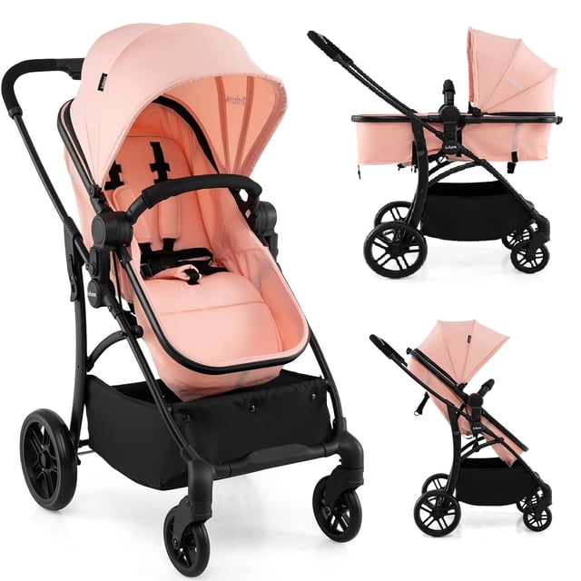 INFANS Poussette 2 en 1 pour Bébé Rose, avec design convertible et Berceau et Siège Réversible. la Poussette Comprend un Auvent anti-UV Réglable à 3 Positions, un Dossier Inclinable à 138°, et un Mécanisme de Pliage à une Main pour un Rangement compact. Équipée de Roues en EVA Absorbant les Chocs, d'Un Frein à une Touche et d'Une Ceinture de Sécurité à 5 Points pour des Trajets Sûrs et Fluides. Fabriquée en Tissu Oxford Respirant et d'Un Cadre en Alliage d'Aluminium, Elle Supporte jusqu'à 33 Lb et Convient aux Nouveau-Nés jusqu