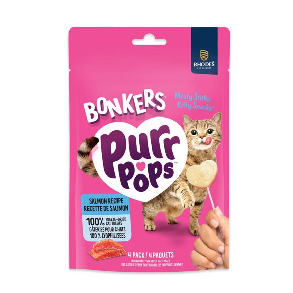 BONKERS Gâteries pour chat sur bâton Purrpops, saveur Saumon succulent, emballage de 4