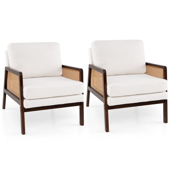 Gymax Set Of 2 Mid Century Modern Accent Chair Living Room Armchair w/ Rattan Arms Brown