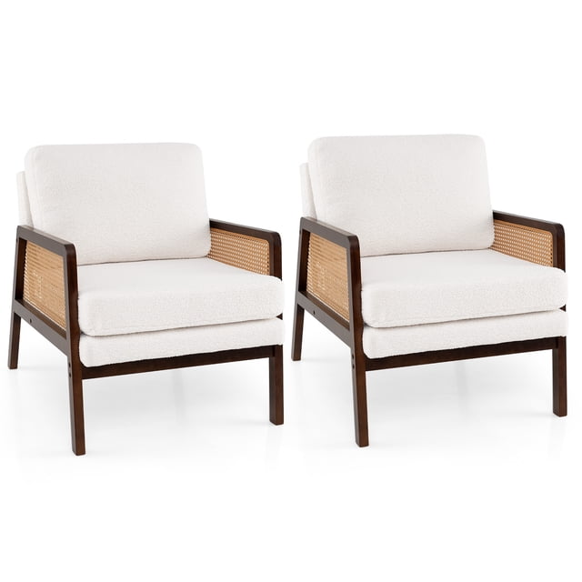 Gymax Set Of 2 Mid Century Modern Accent Chair Living Room Armchair with rattan arms in brown finish. Each chair features plush sherpa fabric cushions, ergonomic lumbar support, and sturdy rubber wood legs. The rattan webbing on the armrests adds a natural touch, complementing the mid-century modern design. Suitable for living room seating or accent furniture.