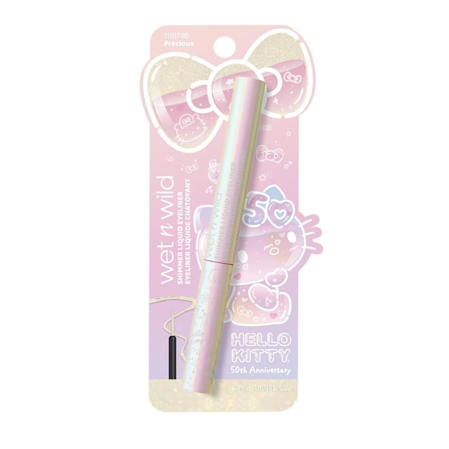 Hello Kitty Traceur Liquide Scintillant en tube iridescent avec Paillettes Roses et Dorées, Affiché sur une Carte Rose et Violette Mettant en Vedette Hello Kitty des Graphiques du 50e Anniversaire et la Marque wet n wild, Contenant 2,7 ml (0,09 fl oz) d'Eyeliner Liquide Scintillant Richement Pigmenté avec un Pinceau Facile à Contrôler pour une application Précise.