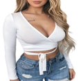 thumbnail image 2 of Women Sexy Slim Crop Tops Deep V-Neck Front Lace-up Base Shirt, 2 of 6