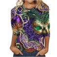 thumbnail image 1 of Penkiiy 2024 Chemise Manches 3/4 Mardi Gras Blouse Fantaisie Femme Imprimé Masque de Carnaval Tunique Thème Fête Col Rond T-Shirt 2TG Multicolore, 1 of 5