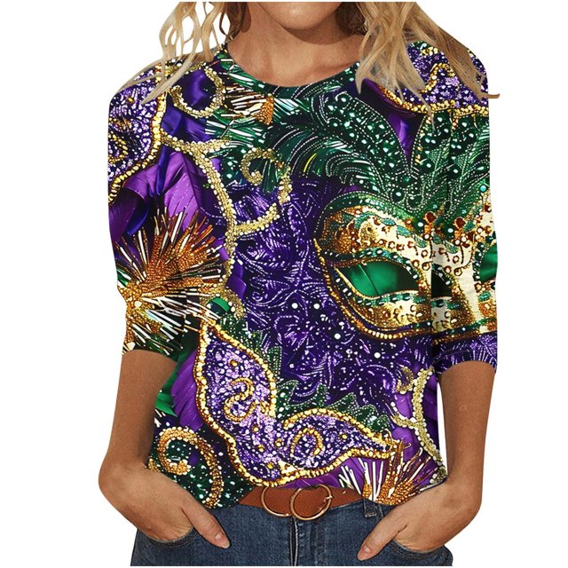 Penkiiy 2024 Chemise Manches 3/4 Mardi Gras Blouse Fantaisie Femme Imprimé Masque de Carnaval Tunique Thème Fête Col Rond T-Shirt 2TG Multicolore
