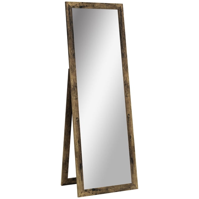 HOMCOM 58"x 20" full length mirror with a rustic brown MDF frame and thick glass, designed as a floor-standing dressing mirror. The mirror measures 16.1" W x 55.1" H and features a sturdy frame for durability. Suitable for bedrooms, living rooms, or hallways, it adds lighting and a spacious feel to any room.