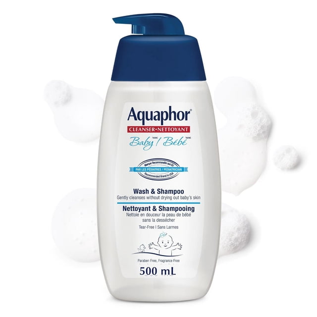 Aquaphor Baby Wash & Shampoo, tear free and fragrance free 2-in-1 cleanser in a 500 mL white pump bottle with blue dispenser, gently cleansing baby's sensitive skin and hair without drying, paraben-free and pediatrician recommended for daily baby care.
