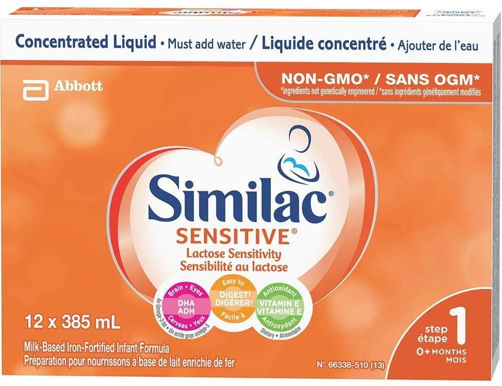 Similac Sensitive, Non-GMO Lactose Sensitivity Baby Formula, Infant Formula, 0+ Months, 12x385mL Concentrated Liquid Cans