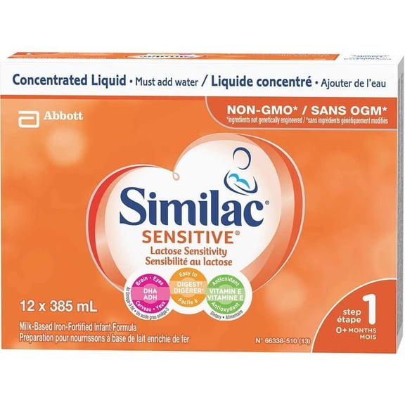 Similac Sensitive, Préparation pour Bébés pour Sensibilité au Lactose Sans OGM, Préparation pour Nourrissons, 0+ Mois, 12x385mL Boîtes de Liquide Concentré