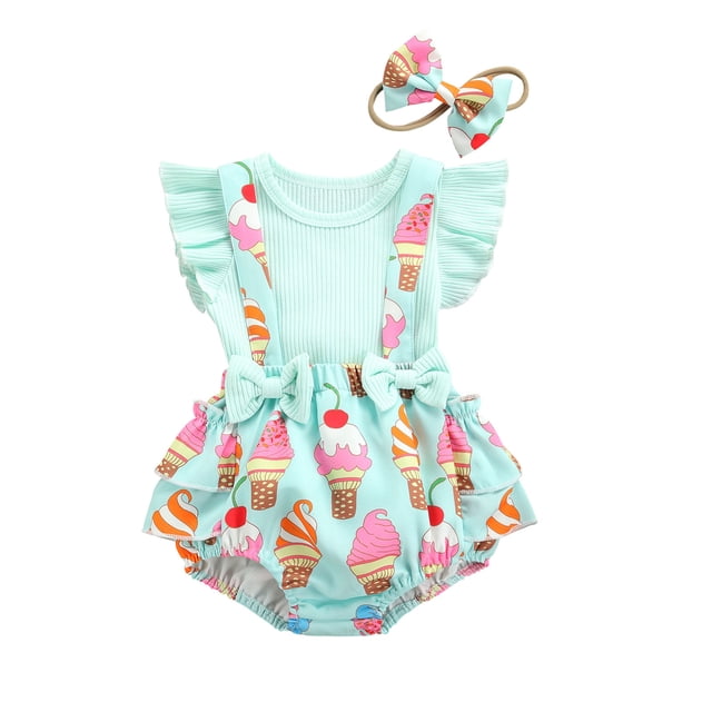 Gupgi Newborn Baby Girl Clothes Ruffle T-shirt Ice Cream Print Strap Shorts