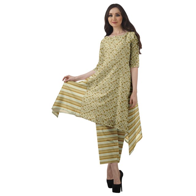 Moomaya Ensemble Kurti Kurta Pantalon pour Femmes Col Bateau Imprimé Robe 2 Pcs Tenue Ethnique