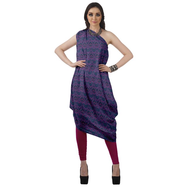 Moomaya Robe Kurti à une Épaule Imprimée pour Femme, Sans Manches, à Col Bénitier, Style Bohème, Tenue de Soirée de Designer