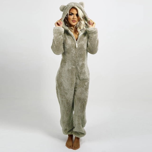 LSLJS Combinaison Pyjama à Capuche à Manches Longues pour Femmes, Décontractée, Chaude pour l'Hiver, Tenue de Nuit