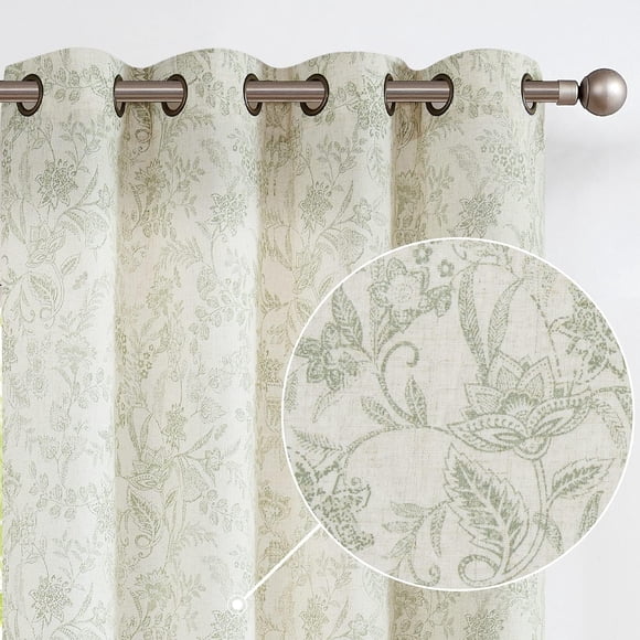 Linen Farmhouse Curtain for Living Room Length Floral Print Window Curtains Semi Sheer Drapes for Bedroom Country Light Filtering Drape Grommet Top Panels on