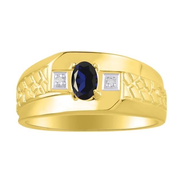 RYLOS Men's Rings 14K Yellow Gold Classic Nugget 6X4MM Oval Gemstone & Diamond Ring Sapphire September Birthstone Rings Size 13