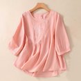 thumbnail image 2 of Timegard Cotton Linen Tops for Women 3/4 Sleeve Round Neck Ruched Embroidery Blouse Casual Loose Tops, 2 of 7