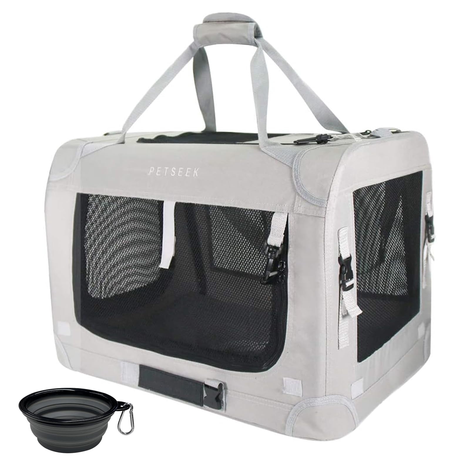 Petseek Extra Large Cat Carrier Soft Sided Portable Small Dog Carrier for 2 Cats 24""x16.5""x16"" Car Travel Folding Comfortable Design with Bowl Grey