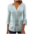 thumbnail image 1 of Pompotops Women's Casual Trumpet 3/4 Sleeve Printed Buttoned Basic Ruched Tops Pleated T-shirts Blouses On Sale, 1 of 5
