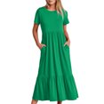 thumbnail image 1 of Penkiiy Robe Maxi Évasée d'Été Décontractée pour Femme à Manches Courtes et Col Ras du Cou, Fluide, Asymétrique, à Étages, Robe de Plage avec Poches, P Vert, 1 of 8