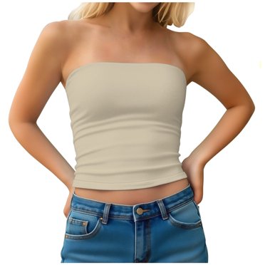 LNWUY Hauts Tube Sans Bretelles pour Femmes Couleur Unie Basique Bandeau Court Sans Manches Dos Nu Décontracté Aguichant Sortie Hauts Beige m