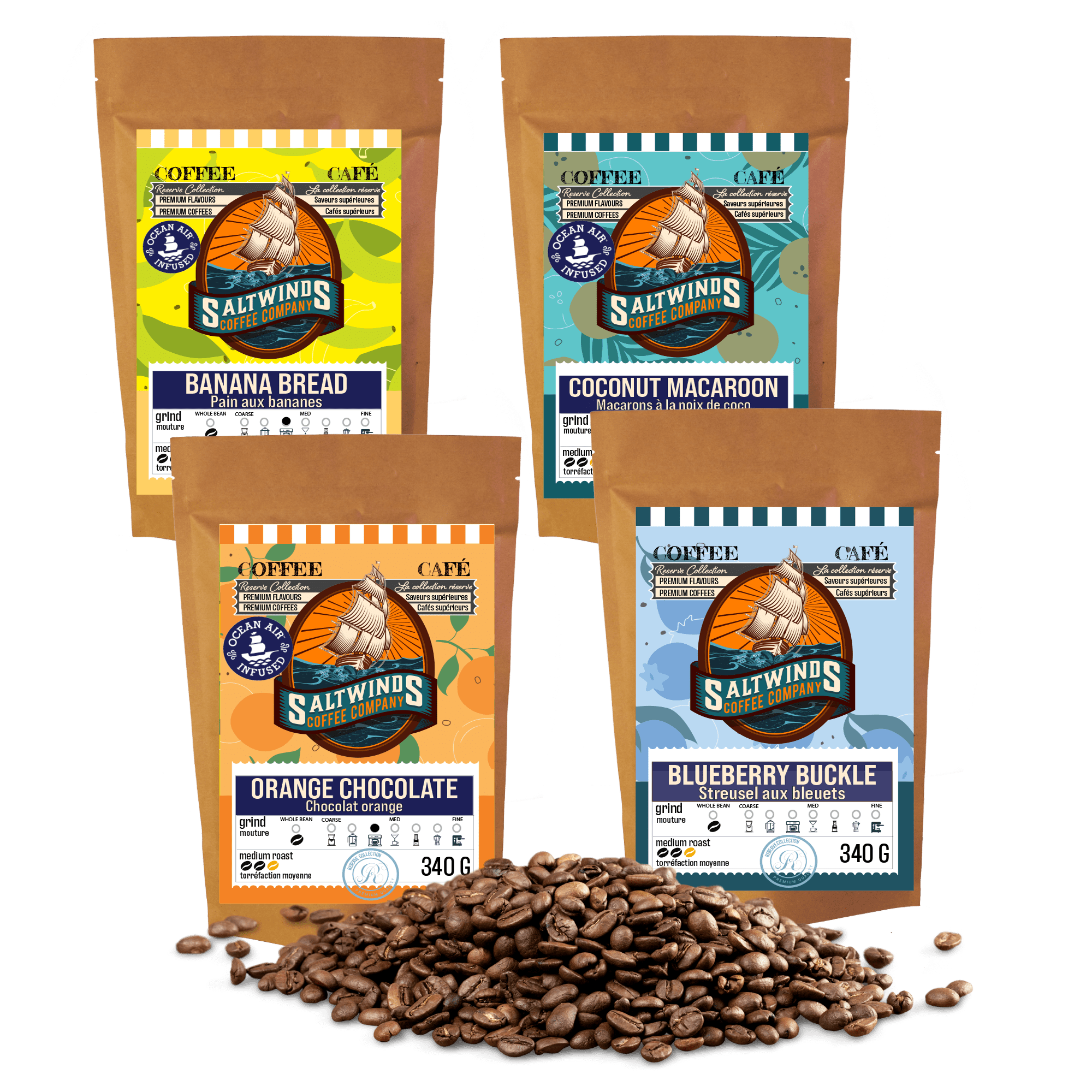 Cafe Quality Flavoured Coffee Bundle (4×340g Whole Bean) | Ocean Air Infused | Canadian-Roasted Flavoured Coffee Bundle – Coconut, Orange, Blueberry & Banana
