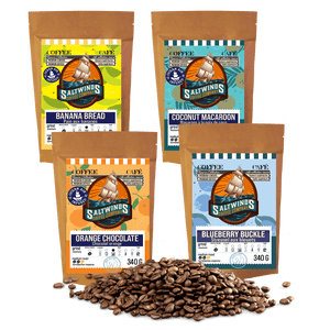 Cafe Avoine de qualité Coffee Ensemble (4×340g Haricot entier) Air Infusion d'arômes canadiens Coffee Ensemble – Noix de coco, orange, bleuets & Bananes