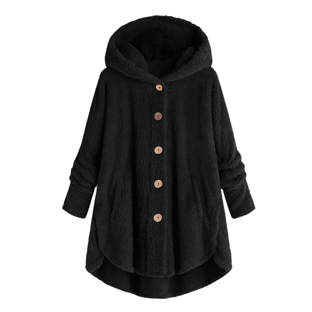 Womens Cardigan Plus Size Button Plush Tops Hooded Loose Cardigan Wool Coat Winter Jacket Navy Xl