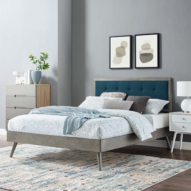 Modway Willow King Wood Platform Bed With Splayed Legs in Gray Azure