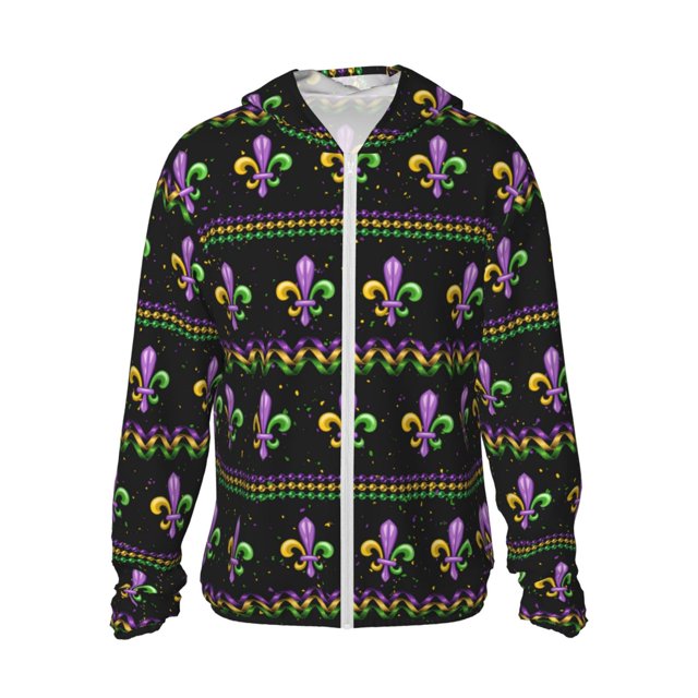 Vsdgher Mardi Gras Fleur de Lis Print Adult Hoodie Shirts Rash Guard for Men Women,Long Sleeve Sun Protection Fishing Shirts for Athletic Running Swim-X-Large