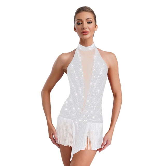 RUNQHUI Robe de Danse de Salon Sans Manches à Franges Brillantes Salsa Tango Col en V Lyrique Jazz Danse Blanche S