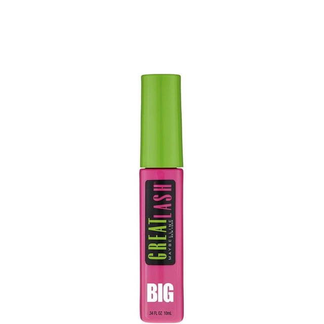 Maybelline New York Great Lash Washable Mascara, 10ml, shown in a front-facing close-up with a bright pink rectangular tube and lime green cap, featuring black and green branding, designed for eye makeup to build lash volume and fullness, also suitable for layering to enhance lash thickness.