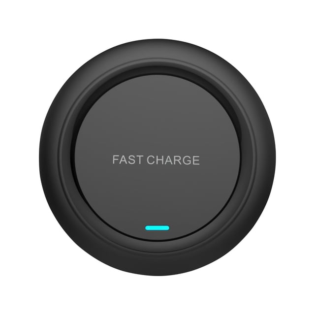 Wireless Charger for Multiple Devices Wireless Charger for Smartphones 10W Desktop Wireless Charger Compatible with iOS & Android Fast Charging Wireless Charger. A compact, black circular wireless charger with 'Fast Charge' text on the surface and a blue LED indicator at the bottom. Designed for fast charging with 10W output, it supports iOS and Android devices. Features include over-current, over-voltage, and over-temperature protection, as well as a smart charging indicator. Ideal for desktop use or as a travel charger.