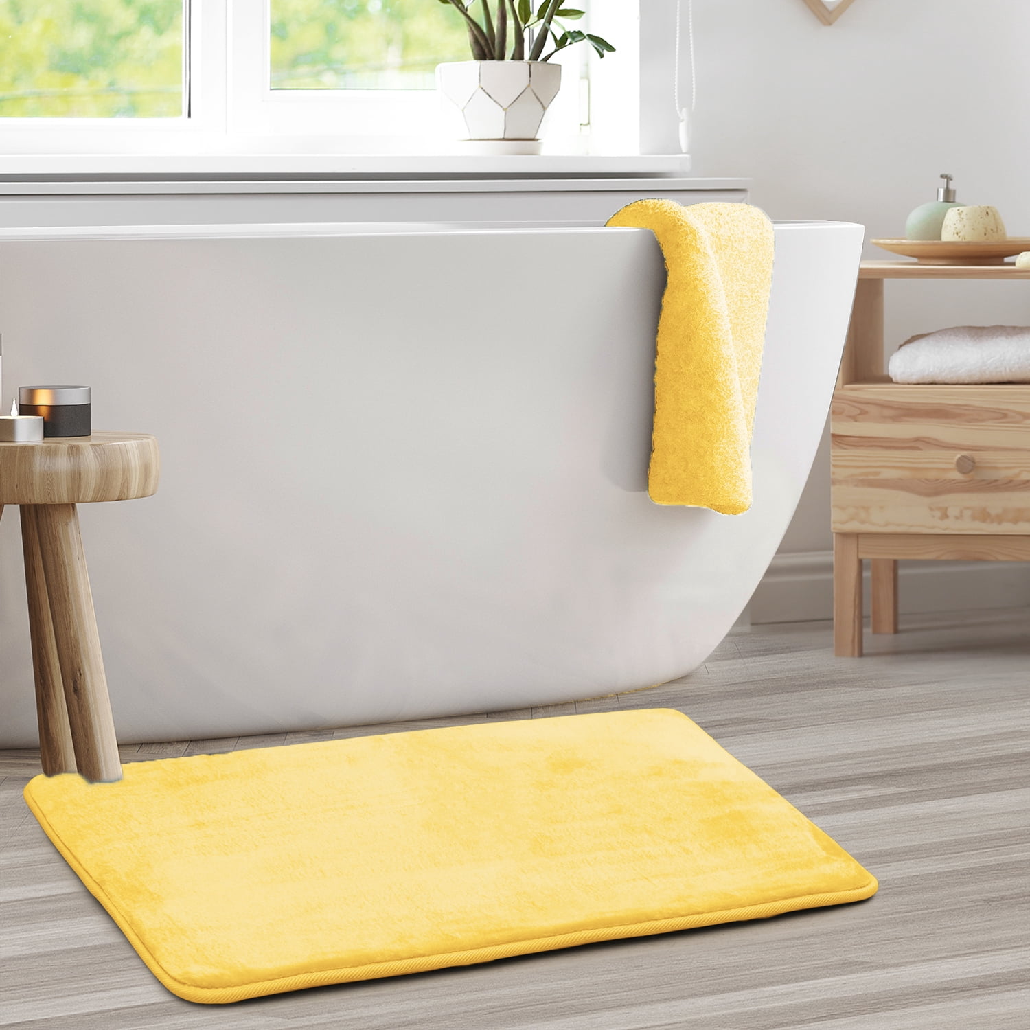 1 Large Clara Clark Bath Mat Bathroom Rug - Absorbent Memory Foam Bath Rugs - Non-Slip, Cozy Velvet Feel Microfiber Bathrug, Plush Shower, Toilet- Floor Bathmats Carpet - Mellow Yellow - 20"x32"