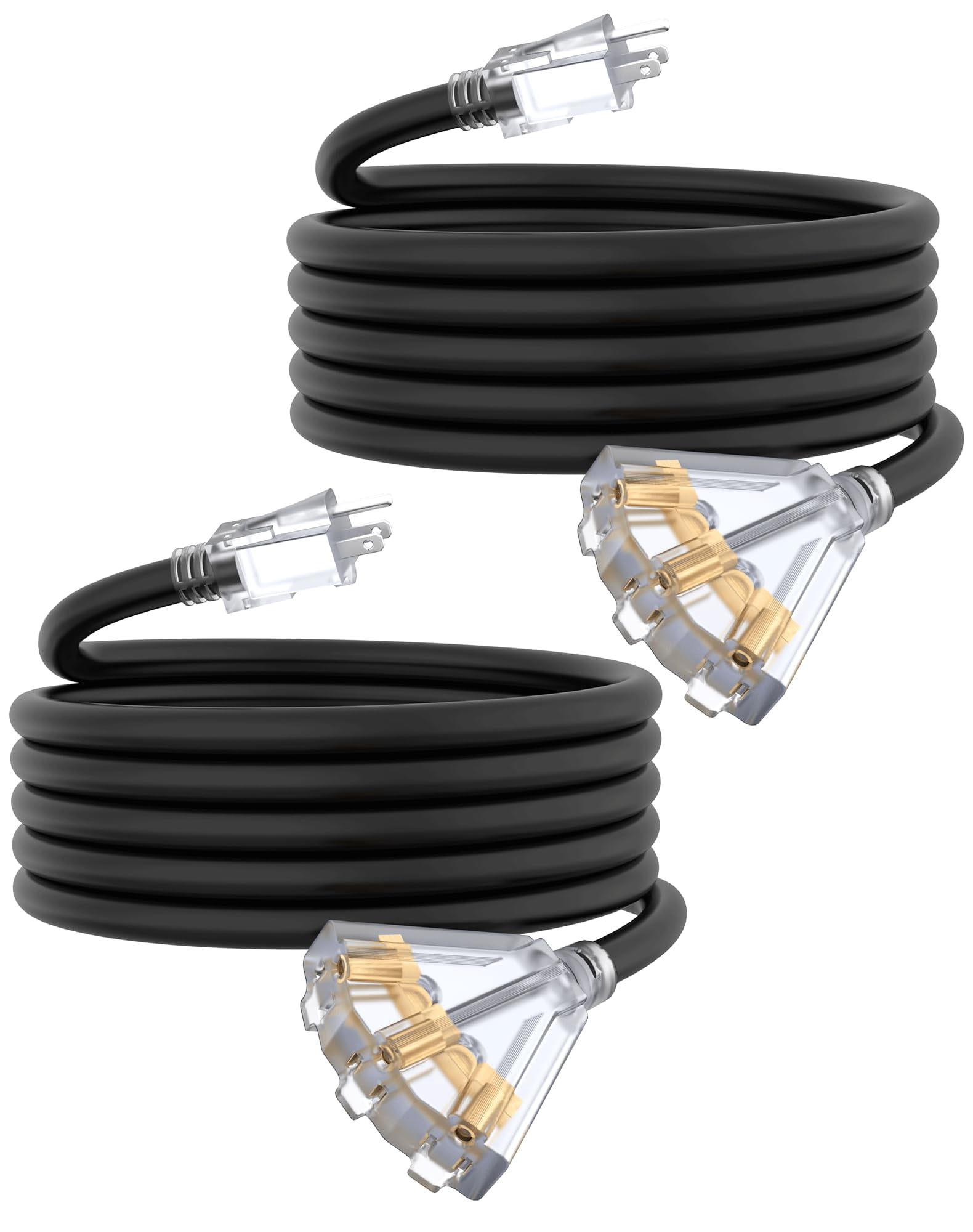 15Ft 12 Gauge Outdoor Extension Cord with 3-Outlets, 2 Pack, Heavy Duty 3 Prong Extension Cord Waterproof with Lighted end, 15A SJTW, ETL Listed, Black