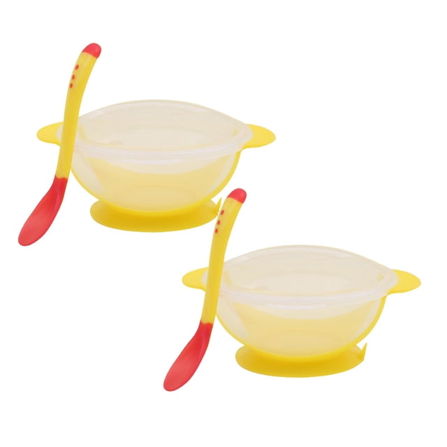 Oleegame 2PC Stainless Steel Cutlery Set Children Sucker Bowl With Temperature Sensitive Spoon Set Children Training Bowl Plastic Bowl Children Bowl Set Yellow