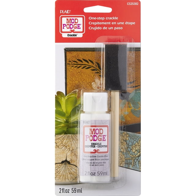 Mod Podge Brosse Moyenne Craquelée en une Étape avec Brosse, 2 oz (59 ml) Colle Découpage Transparente et Brosse en Mousse en Paquet blister, Conçue pour Créer une Finition Craquelée Vieillie sur Bois, Papier, Toile et Autres surfaces d'Artisanat, Montrée avec Fond d'Art Craquelé et Plante Verte, Idéale pour des Projets de Bricolage Style Ferme.