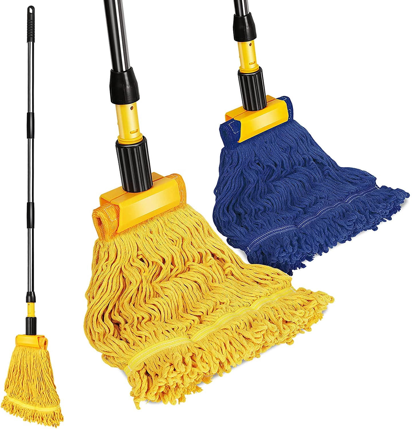 Commercial Mop, Looped-End String Industrial Mop, Heavy Duty Mops with 2 String Mop Heads for Floor Cleaning, Blue/Yellow