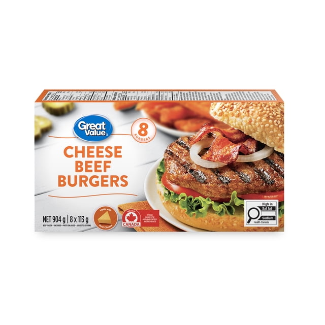 Great Value Frozen Cheese Beef Burgers, 8 x 113 g
