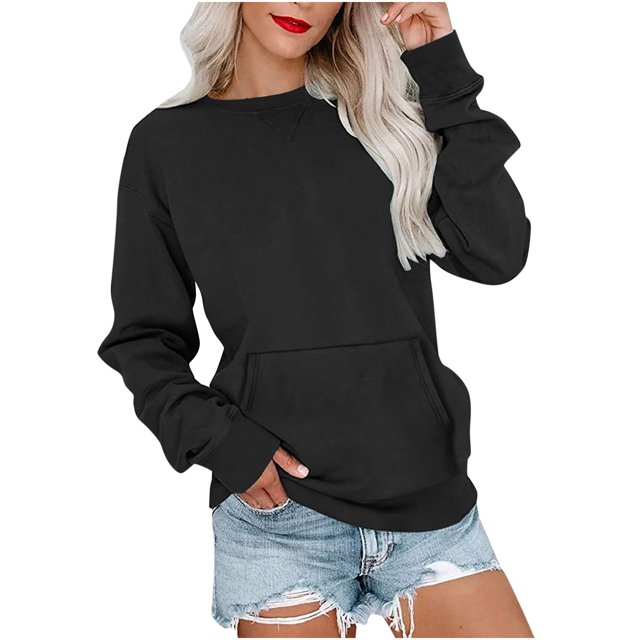 Pulls à Manches Longues pour Femmes Blouses à Manches Longues Mode Féminine Solide Ample Col Rond Blouse à Manches Longues avec Poche Pull Blouses à Manches Longues pour Femmes Hauts à Manches Longues
