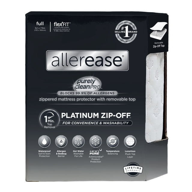AllerEase Platinum Mattress Cover Protector, Full - ZipOff Top, Waterproof, Allergen