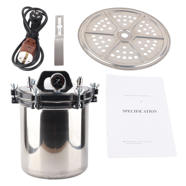 Steam Autoclave Portable High Temperature Pressure Pot Stainless Steel Machine 18L centered front view of an 18L stainless steel steam autoclave with polished cylindrical outer barrel, reinforced lid screws and clamp, double graduated pressure gauge and steam release valve on top; front digital display with timer and control buttons, indicator lights, and included stainless steel round pad on table, shown in a neutral studio setting often used for sterilizing surgical instruments, glassware and culture media.