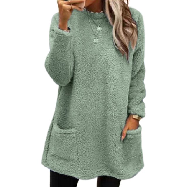 LUXUR Women Fuzzy Fleece T Shirt Loose Work Tops Green L