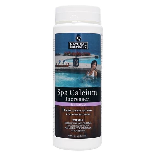 Natural Chemistry NC04205 1.83 lbs Spa Calcium Hardness, displayed in a white container with a multicolour label that includes the brand logo and product details. Designed to raise calcium hardness in spa and hot tub water, it helps prevent corrosion and scaling. Sold in cases of 12, it is suitable for maintaining water quality in pools and spas.