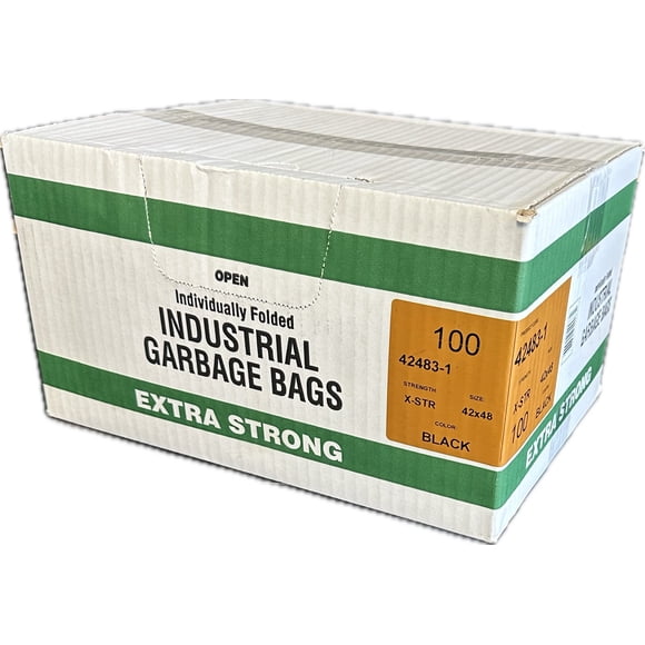 Industrial Garbage Bags, Individually Folded, Extra Strong, 42" W x 48" L, Black , Box of 100