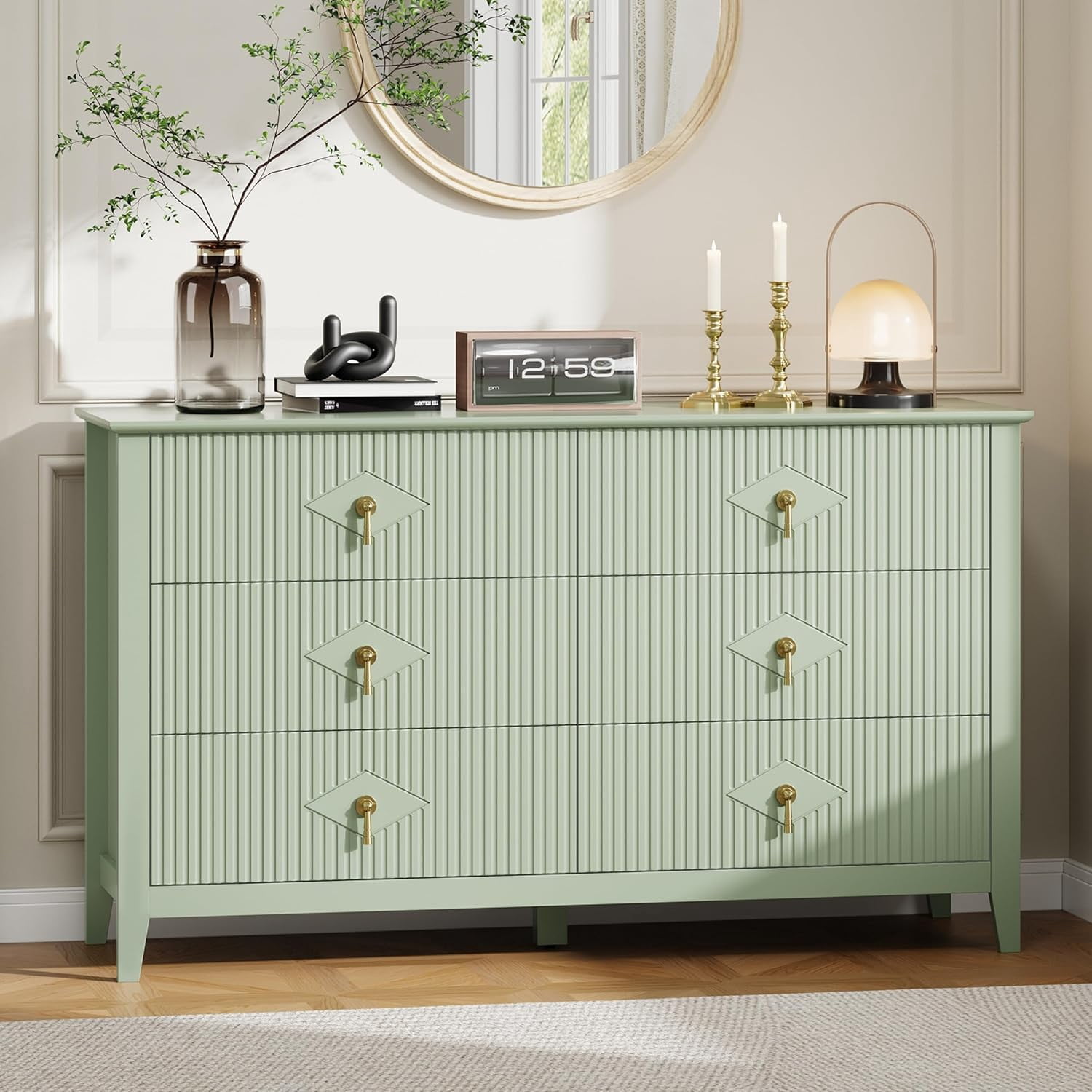 Fluted Dresser for Bedroom, 54 Inch Wide 6-Drawer Wood Dresser, Modern Chest of Drawers, Storage Organizer Cabinet for Living Room, Hallway, Entryway, Green