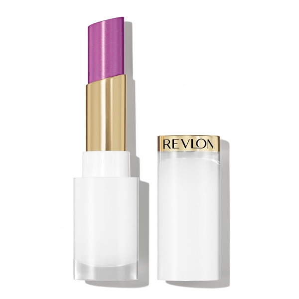 Super Lustrous™ Glass Shine Balm in sheer purple with white and gold tube and clear Revlon-branded cap, delivering moisturizing lip balm hydration and a glossy, glass-like finish ideal for daily lip care.