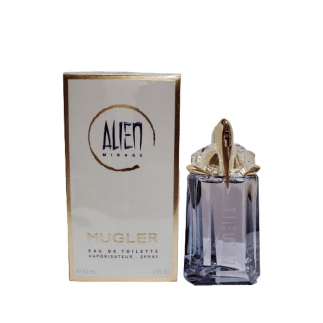 Alien Mirage by Mugler 60ml eau de toilette perfume for women, presented in a sophisticated glass bottle with a gold-toned cap alongside a branded box featuring the product name and details.