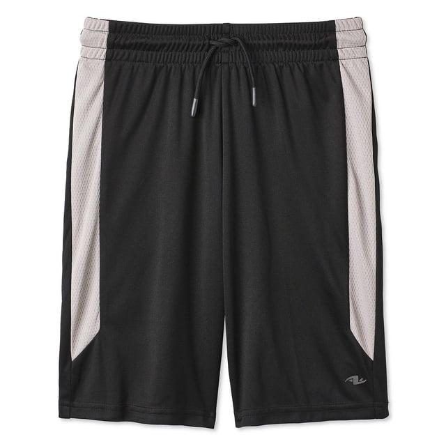 Athletic Works Boys' Knit Active Short in black with light grey breathable side panels, elasticized waistband with black drawstring, made of lightweight interlock knit fabric with DRI-MORE wicking technology to keep boys cool and dry during sports or gym class, featuring a relaxed fit for easy movement.