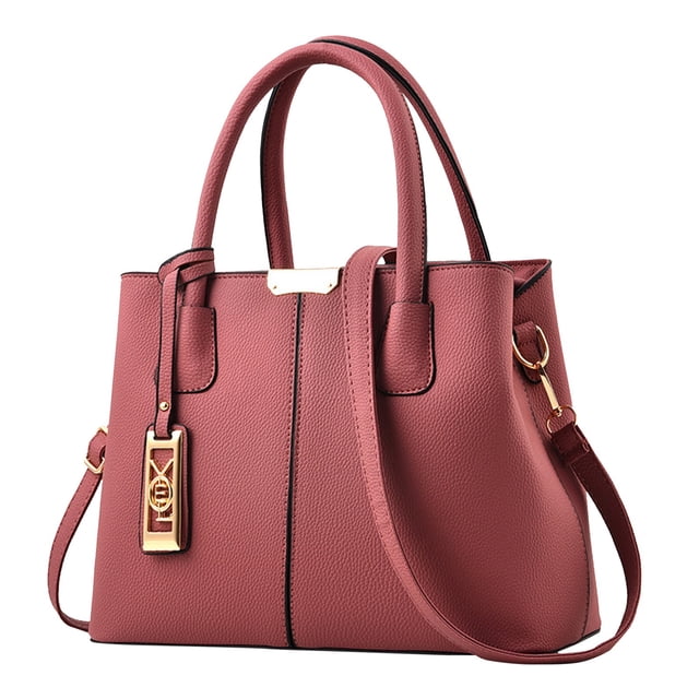Bmisegm Fashion Handbag Simple Bag Large Capacity One Shoulder Women Bag Work Tote in pink, featuring a solid colour design with a textured PU leather finish. This versatile tote includes dual top handles, a detachable shoulder strap, and a zippered closure. Suitable for leisure, travel, shopping, or work. Gold-tone hardware accents add a stylish touch.
