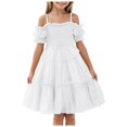 thumbnail image 1 of YDFCWXW Girls Cold Shoulder Shirred White Off Shoulder Ruffle Sleeve Summer A-Line Princess Sundress (White, 7-8 Years), 1 of 9